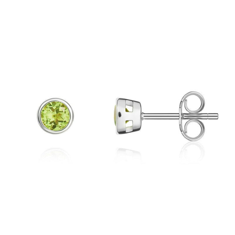 9ct White Gold Round Natural Peridot Rubover Stud Earrings — 3mm