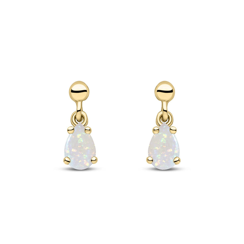 9ct Yellow Gold Pear Shaped Natural Opal Claw Drop Earrings — 6x4mm