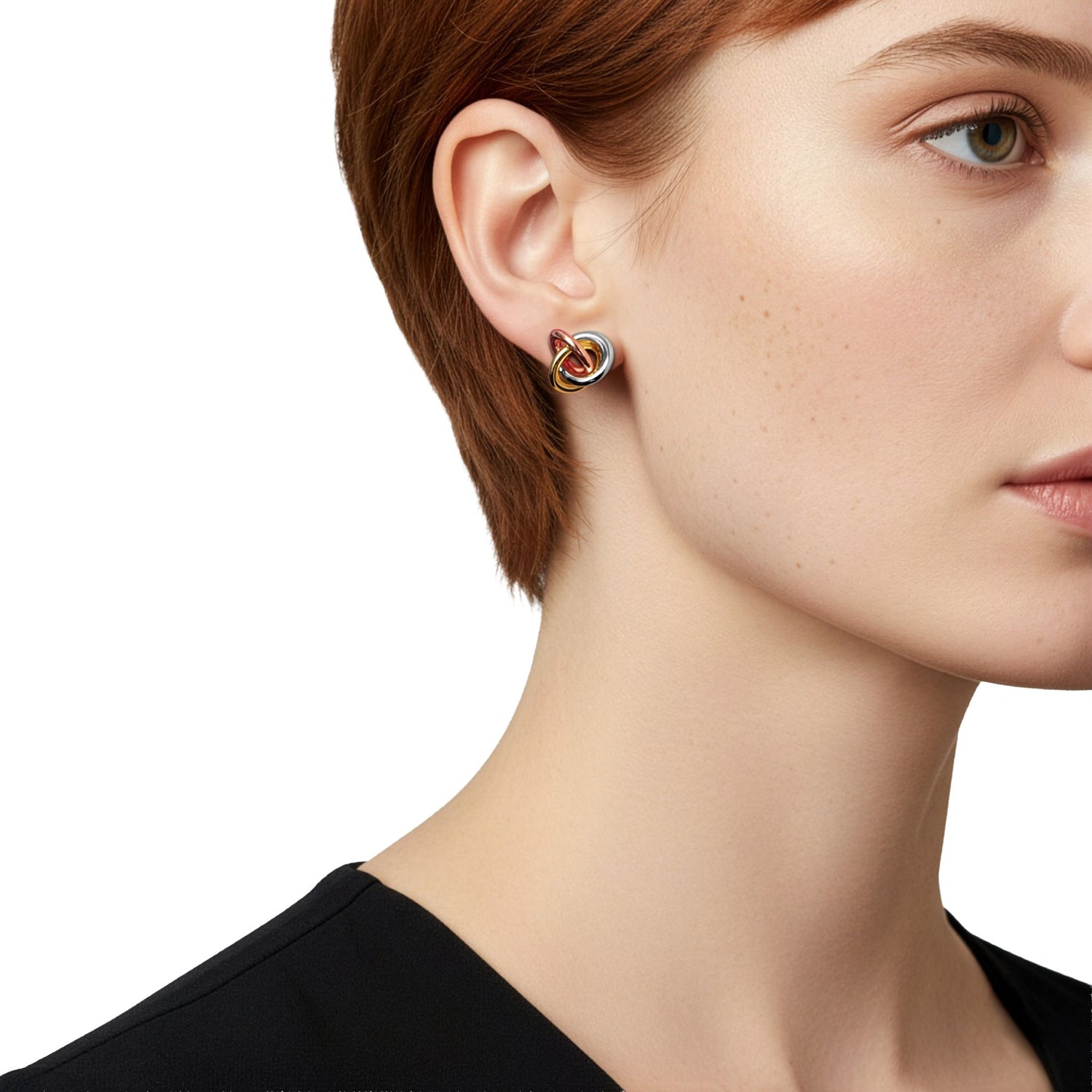 9ct Three-Tone Gold Polished 3-Strand Open Knot Stud Earrings — 12mm