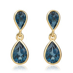 9ct Yellow Gold Pear Shaped Natural London Blue Topaz Two Stone Rubover Drop Earrings