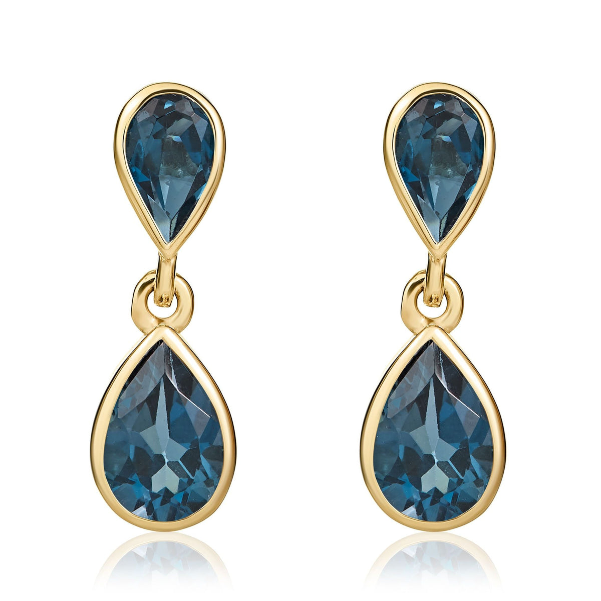 9ct Yellow Gold Pear Shaped Natural London Blue Topaz Two Stone Rubover Drop Earrings