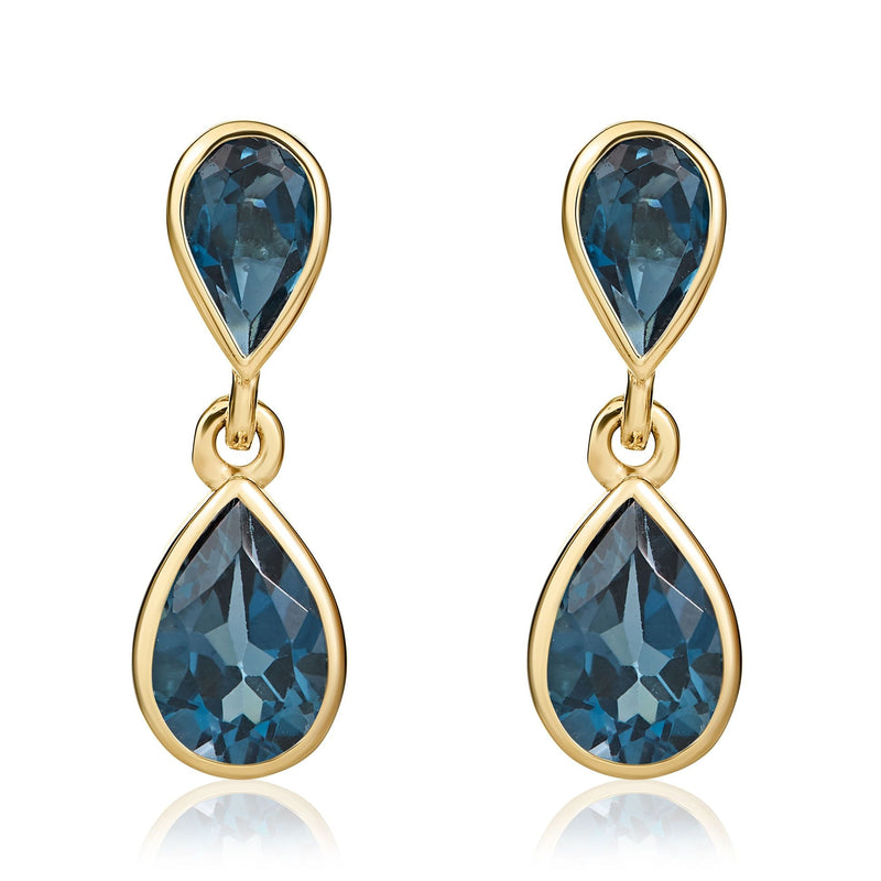 9ct Yellow Gold Pear Shaped Natural London Blue Topaz Two Stone Rubover Drop Earrings