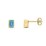 9ct Yellow Gold Octagonal Emerald Cut Natural Swiss Blue Topaz Rubover Stud Earrings — 5x3mm