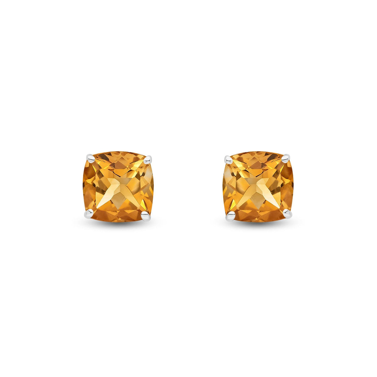 9ct White Gold Cushion Natural Citrine Claw Stud Earrings — 8mm