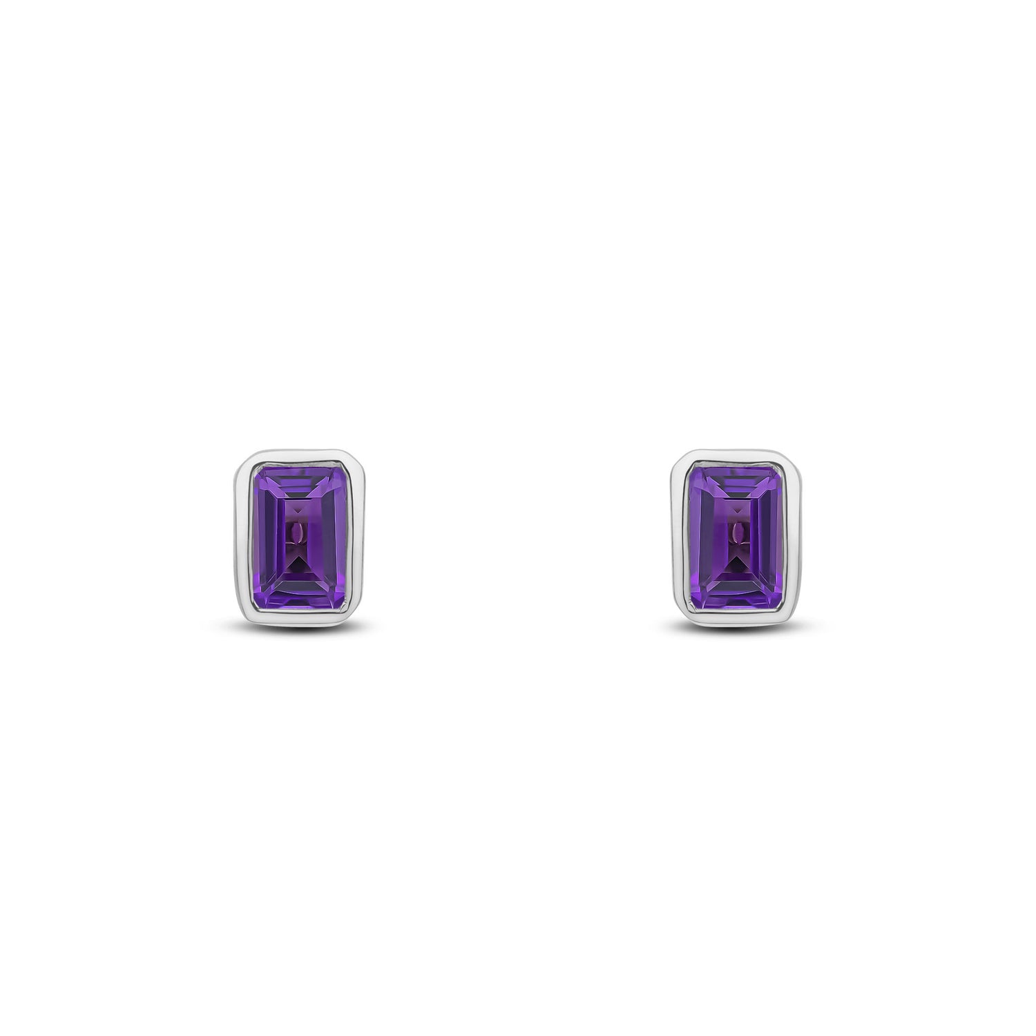 9ct White Gold Octagonal Emerald Cut Natural Amethyst Rubover Stud Earrings — 5x3mm