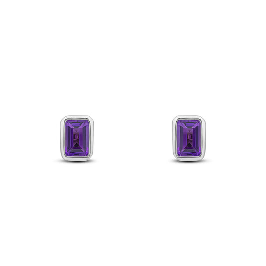 9ct White Gold Octagonal Emerald Cut Natural Amethyst Rubover Stud Earrings