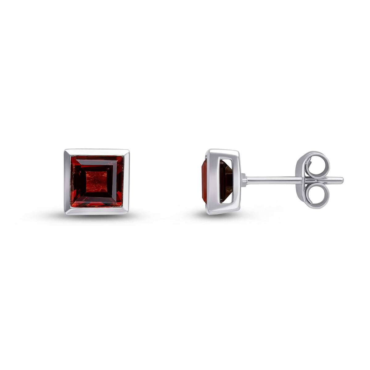 9ct White Gold Square Natural Garnet Rubover Stud Earrings — 5mm