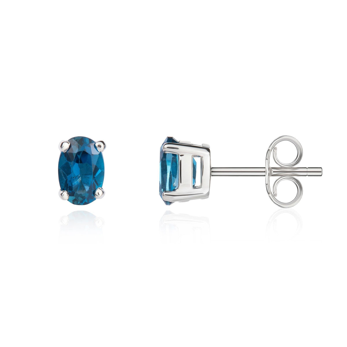 9ct White Gold Oval Natural London Blue Topaz Claw Stud Earrings — 6x4mm
