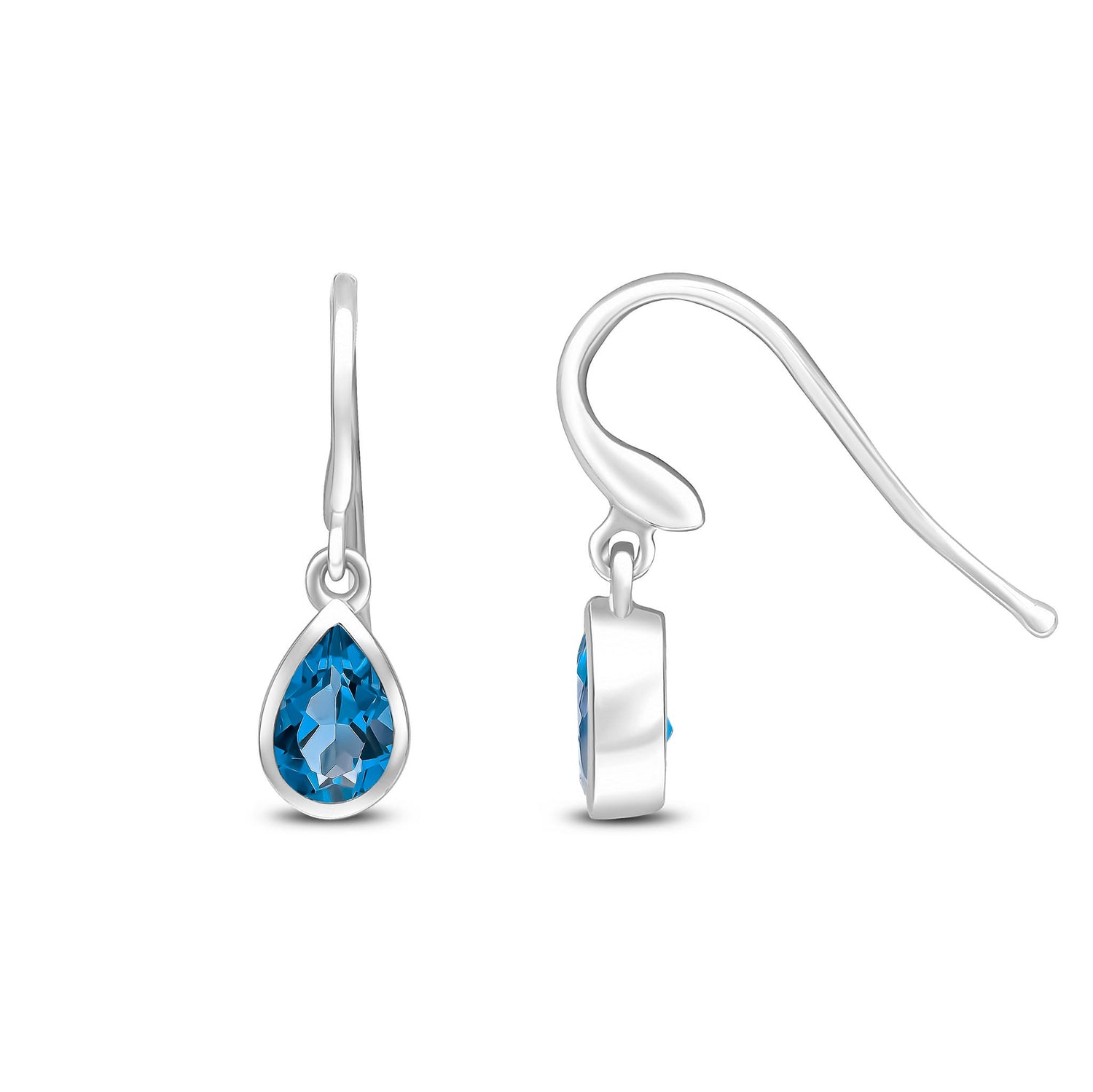 9ct White Gold Pear Shaped Natural London Blue Topaz Rubover Wire Hook Drop Earrings — 6x4mm