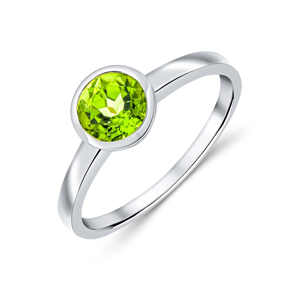 9ct White Gold Round Natural Peridot Rubover Ring — 6mm