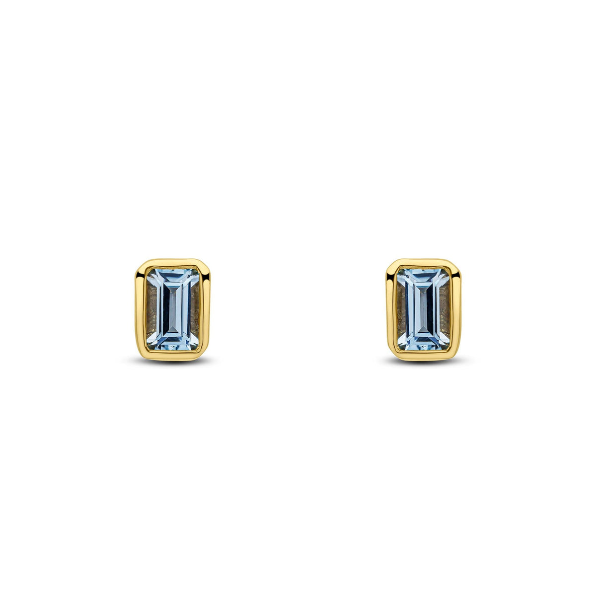 9ct Yellow Gold Octagonal Emerald Cut Natural Aquamarine Rubover Stud Earrings — 5x3mm