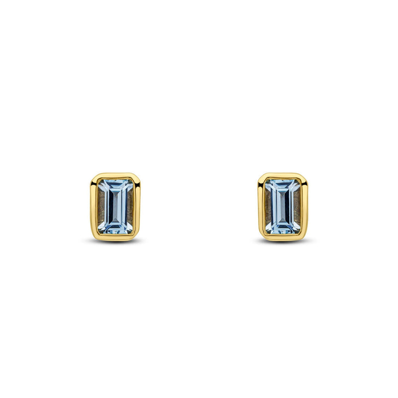 9ct Yellow Gold Octagonal Emerald Cut Natural Aquamarine Rubover Stud Earrings — 5x3mm