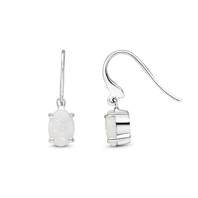9ct White Gold Oval Natural Opal Claw Hook Wire Drop Earrings — 7x5mm