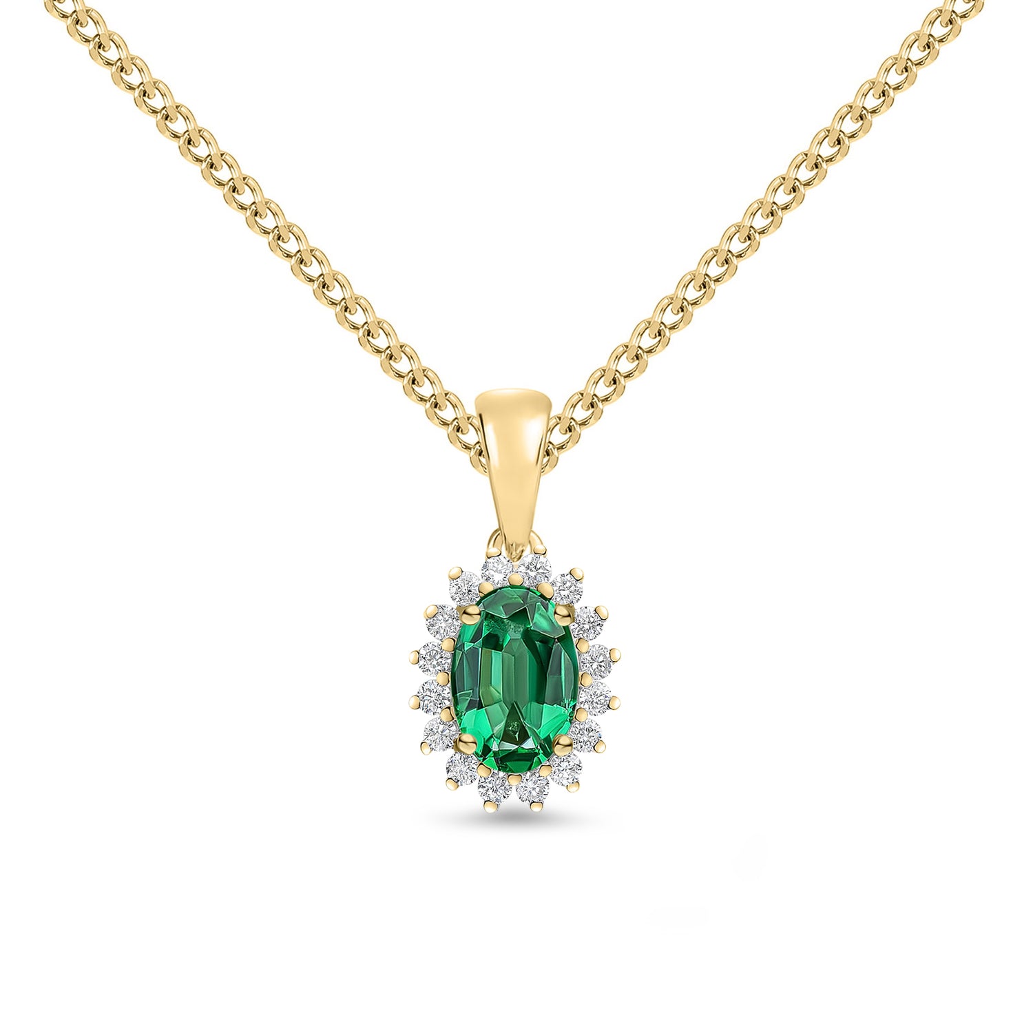 18ct Yellow Gold Oval Natural Emerald and Round Diamond Claw Set Cluster Pendant — 6x4mm