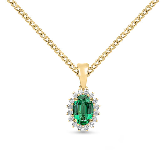 18ct Yellow Gold Oval Natural Emerald and Round Diamond Claw Set Cluster Pendant — 6x4mm