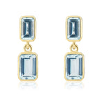 9ct Yellow Gold Octagonal Emerald Cut Natural Aquamarine Double Stone Rubover Drop Earrings