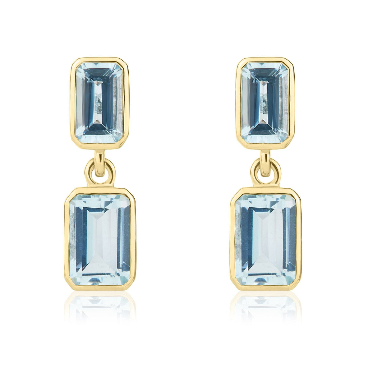 9ct Yellow Gold Octagonal Emerald Cut Natural Aquamarine Double Stone Rubover Drop Earrings