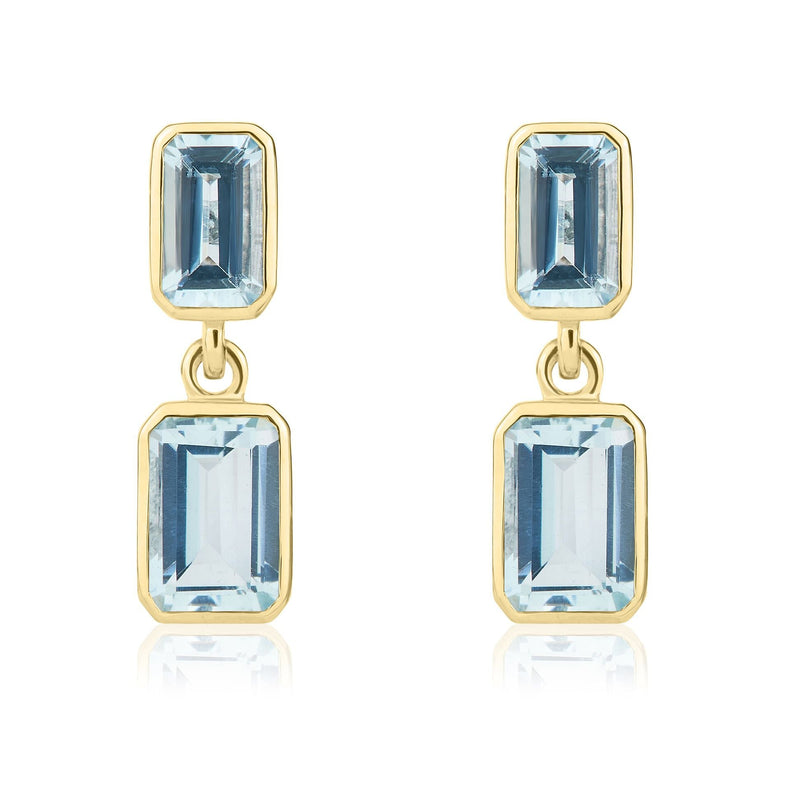 9ct Yellow Gold Octagonal Emerald Cut Natural Aquamarine Double Stone Rubover Drop Earrings