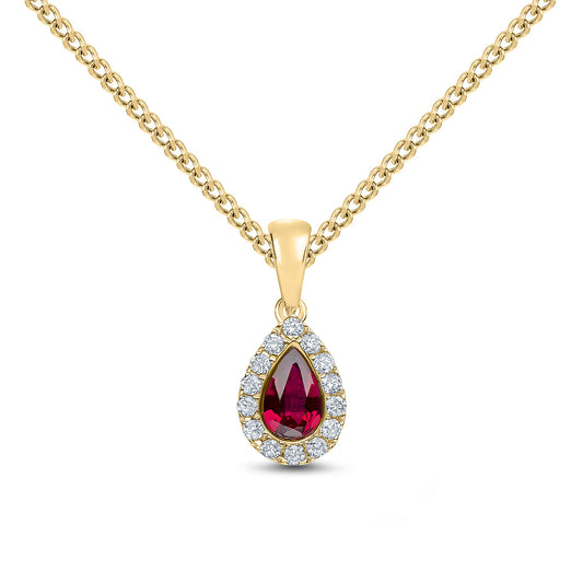 18ct Yellow Gold Pear Shaped Natural Ruby and Round Diamond Microset Cluster Pendant — 6x4mm