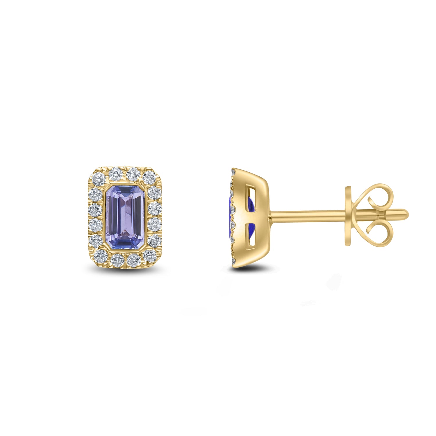 18ct Yellow Gold Octagonal Emerald Cut Natural Tanzanite and Diamond Cluster Earrings — 5x3mm