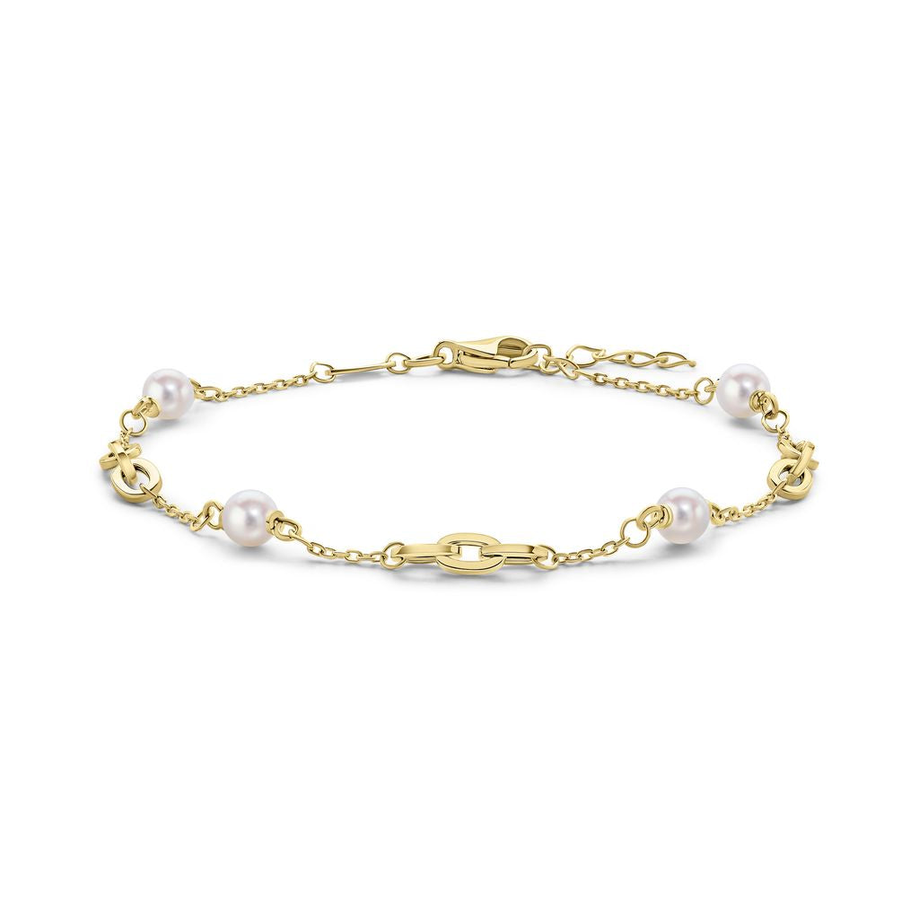 9ct Yellow Gold Natural Pearl and Oval Belcher Station Bracelet