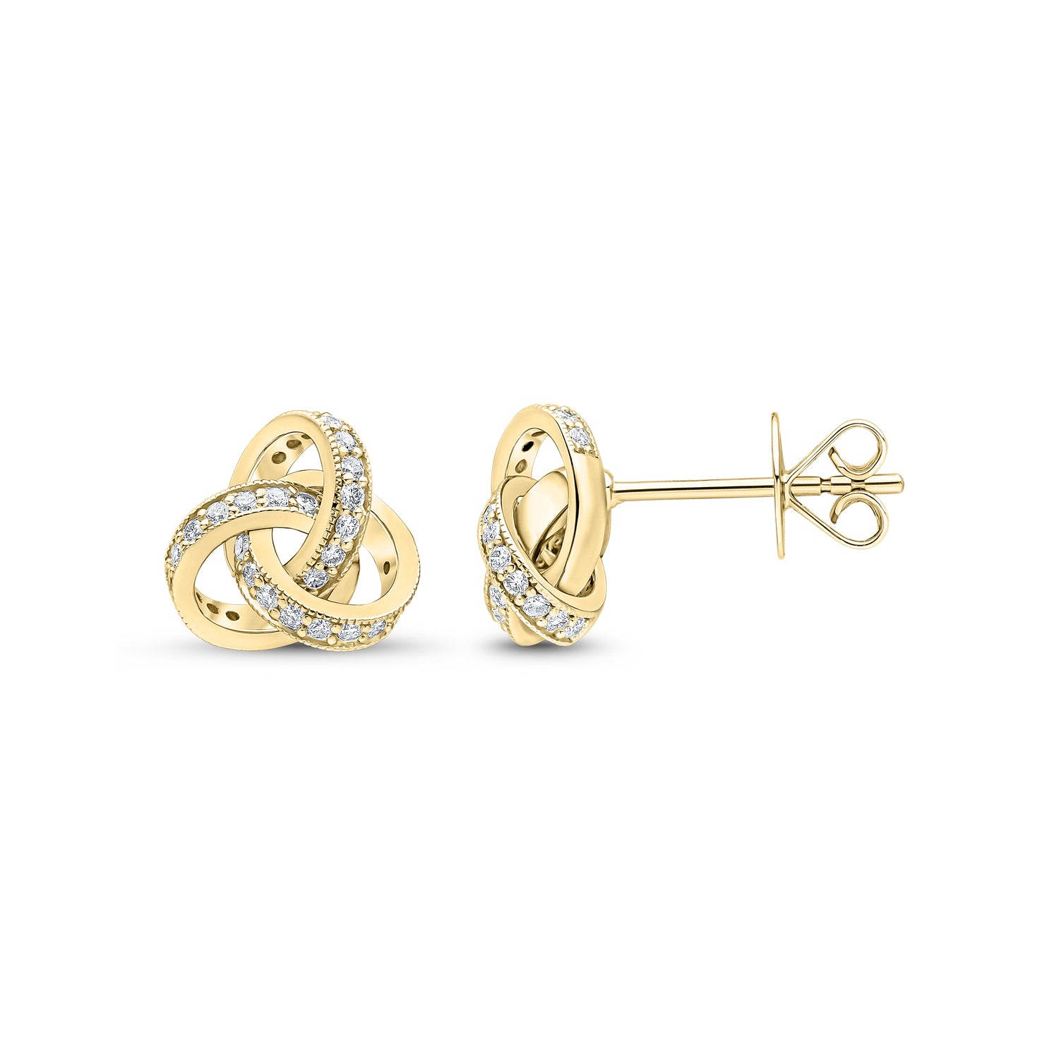 18ct Yellow Gold Round Natural Diamond Grain Set Knot Stud Earrings