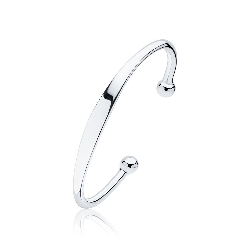 Sterling Silver Large Torque Bangle 4mm with Engraving Plate & Bead Ends