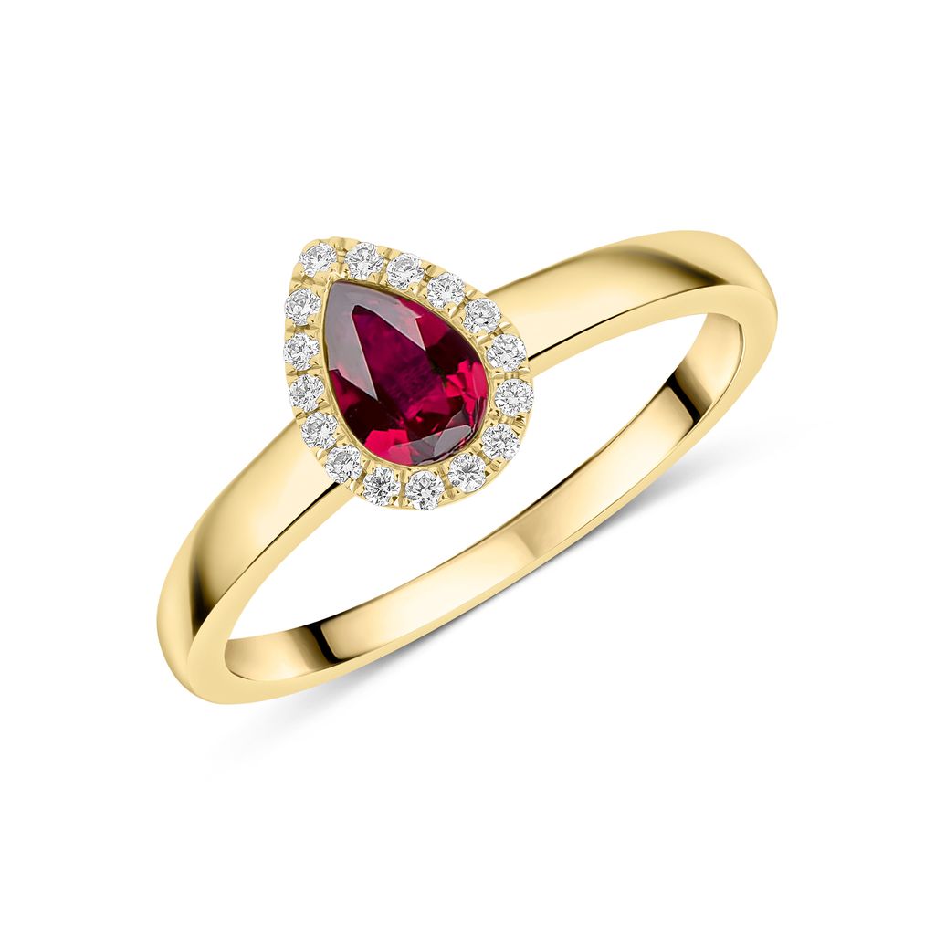 18ct Yellow Gold Pear Shape Ruby and Diamond Microset Cluster Ring — 6x4mm