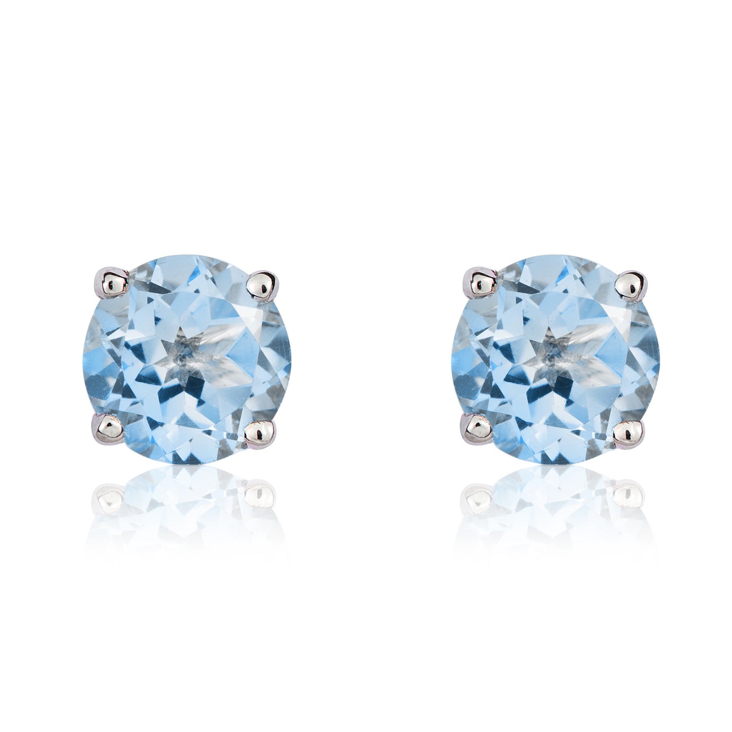 9ct White Gold Round Natural Aquamarine Claw Set Stud Earrings — 5mm