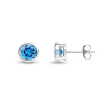 9ct White Gold Round Natural Swiss Blue Topaz Rubover Stud Earrings — 6mm
