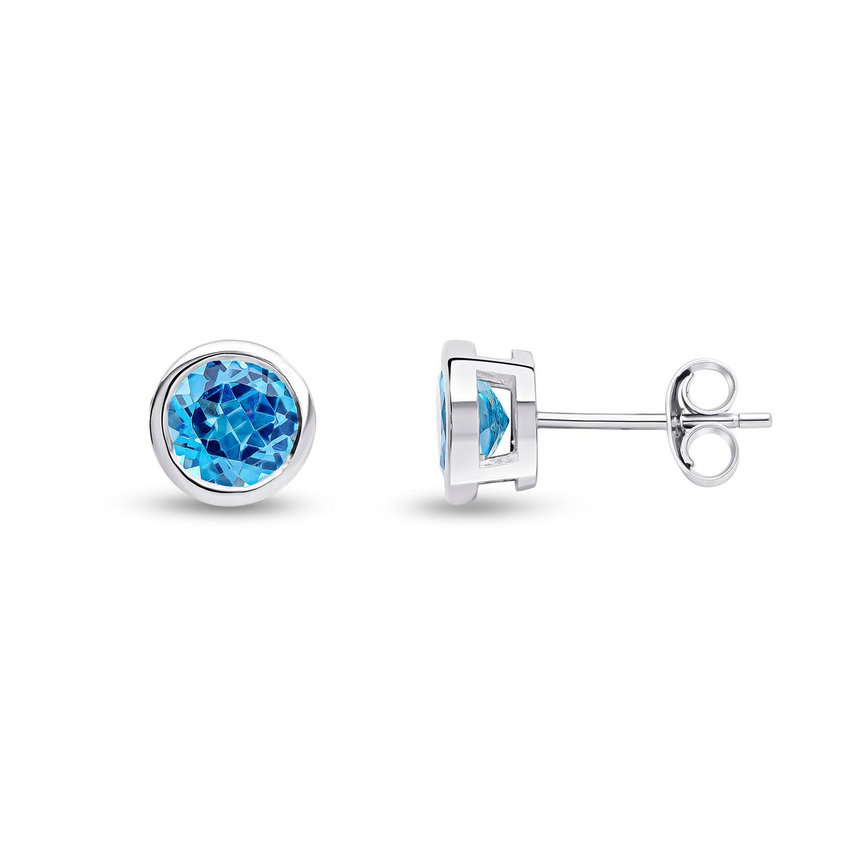 9ct White Gold Round Natural Swiss Blue Topaz Rubover Stud Earrings — 6mm