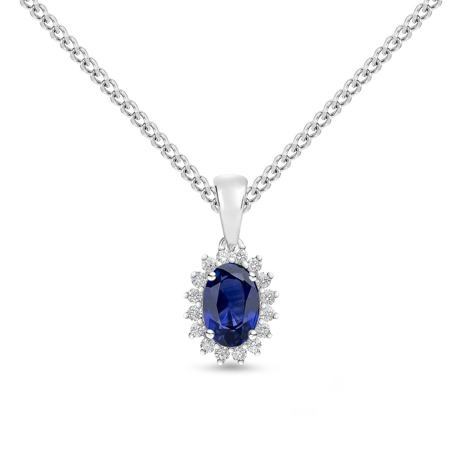18ct White Gold Oval Natural Sapphire and Round Diamond Claw Set Cluster Pendant — 6x4mm