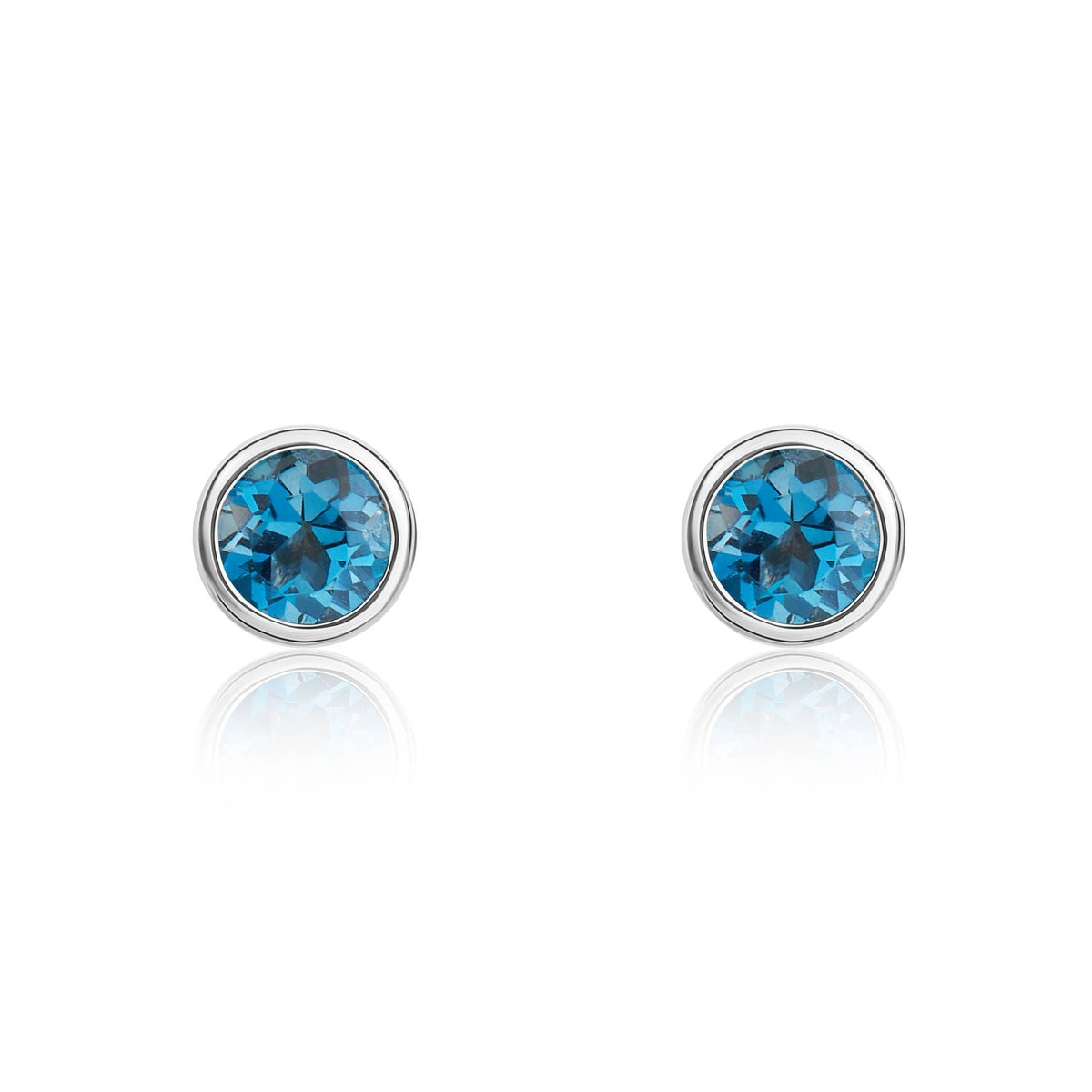 9ct White Gold Round Natural London Blue Topaz Rubover Stud Earrings — 3mm