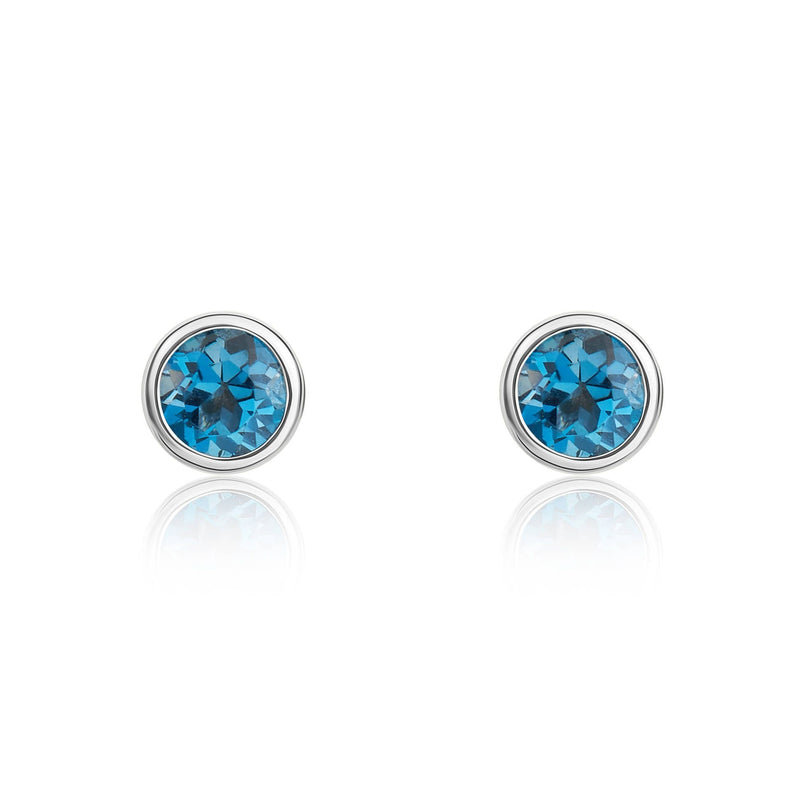 9ct White Gold Round Natural London Blue Topaz Rubover Stud Earrings — 3mm