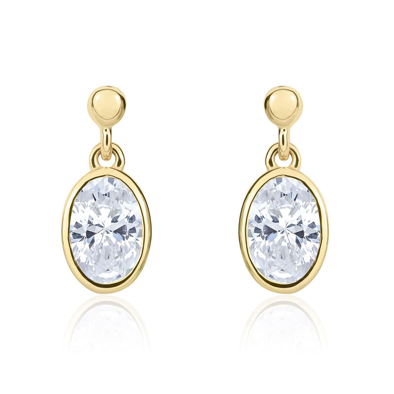 9ct Yellow Gold Oval Cubic Zirconia CZ Rubover Drop Earrings — 7x5mm