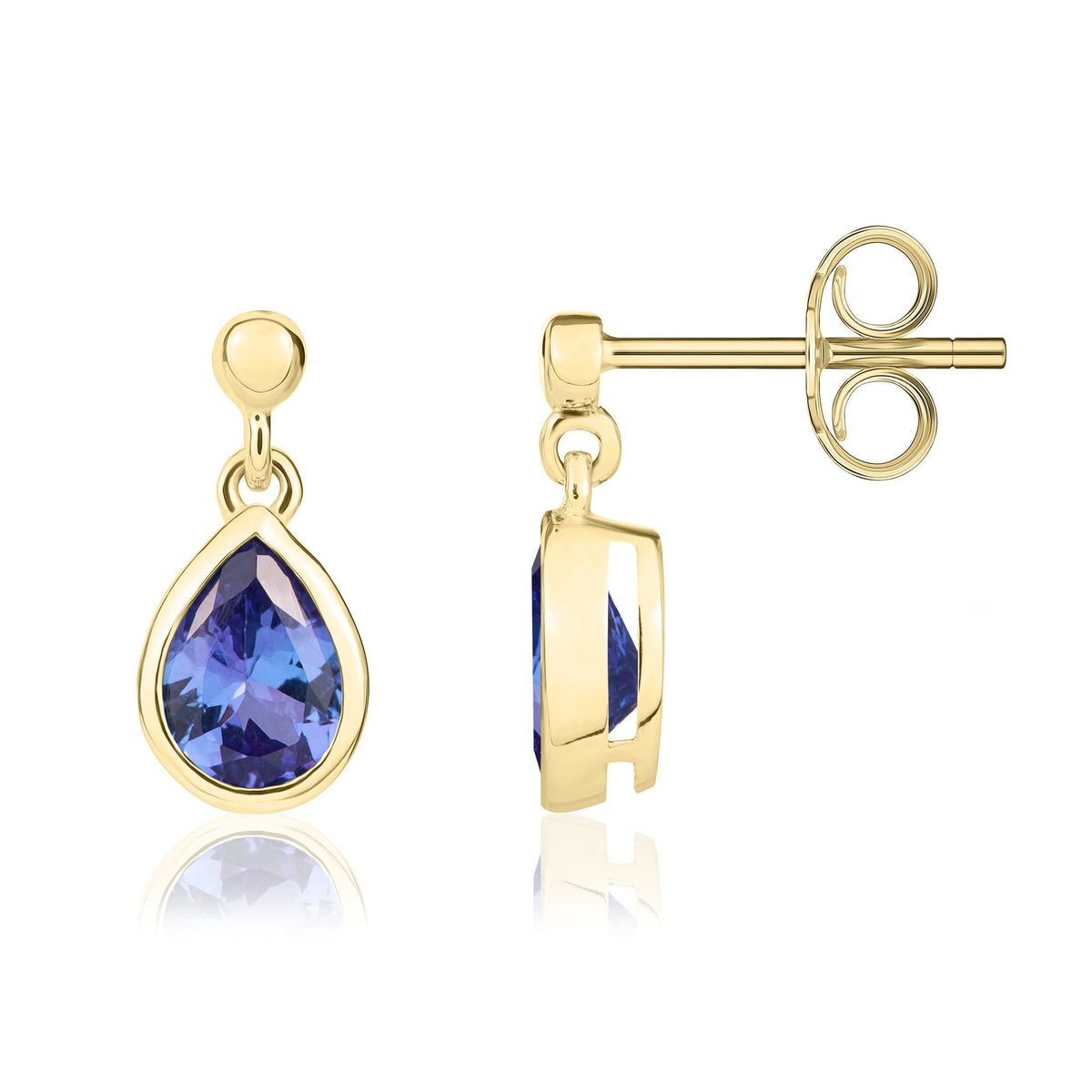9ct Yellow Gold Pear Shaped Natural Tanzanite Rubover Drop Earrings — 7x5mm