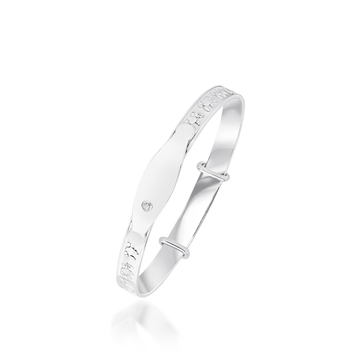 Sterling Silver Teddy Bear Baby Bangle with white Cubic Zirconia