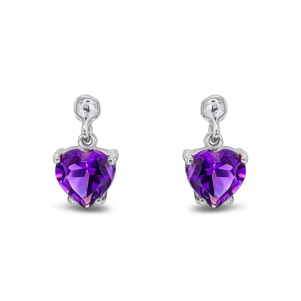 9ct White Gold Heart Shaped Natural Amethyst Claw Drop Earrings