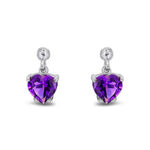 9ct White Gold Heart Shaped Natural Amethyst Claw Drop Earrings with Bead Top — 6mm