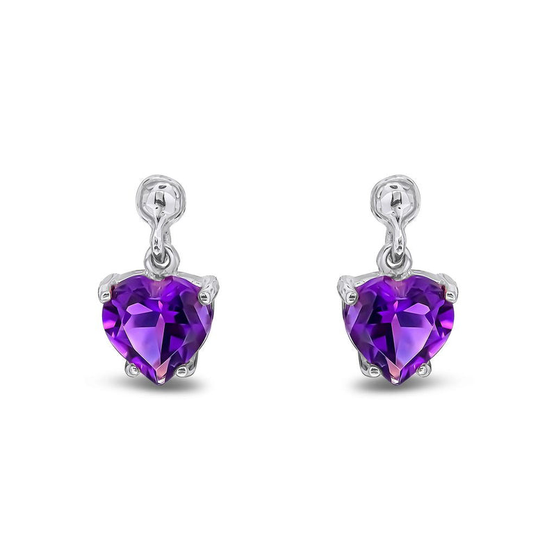 9ct White Gold Heart Shaped Natural Amethyst Claw Drop Earrings with Bead Top — 6mm