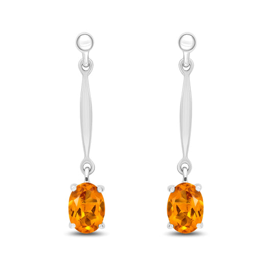 9ct White Gold Oval Natural Citrine Claw Bar Drop Earrings – 7x5mm