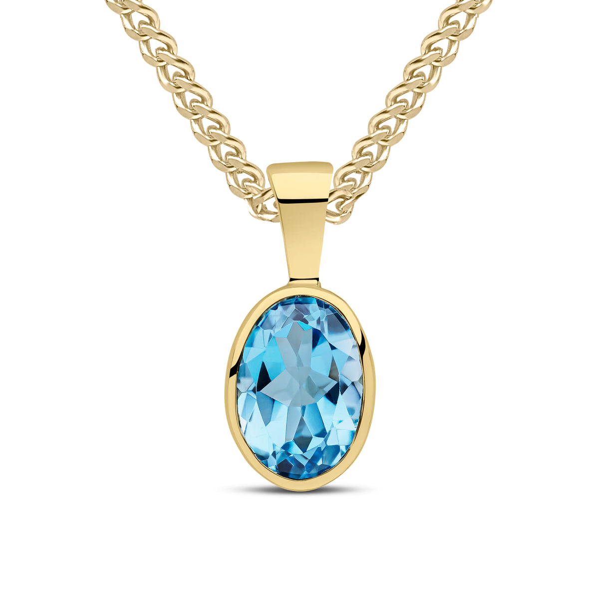 9ct Yellow Gold Oval Natural Swiss Blue Topaz Rubover Pendant — 7x5mm