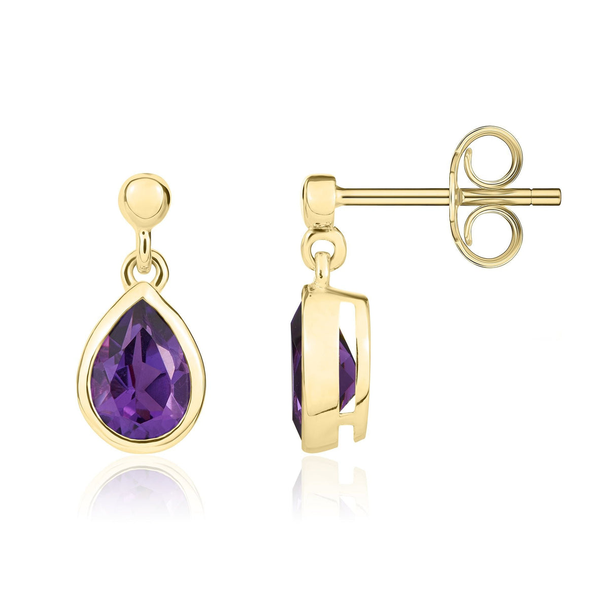 9ct Yellow Gold Pear Shaped Natural Amethyst Rubover Drop Earrings — 7x5mm