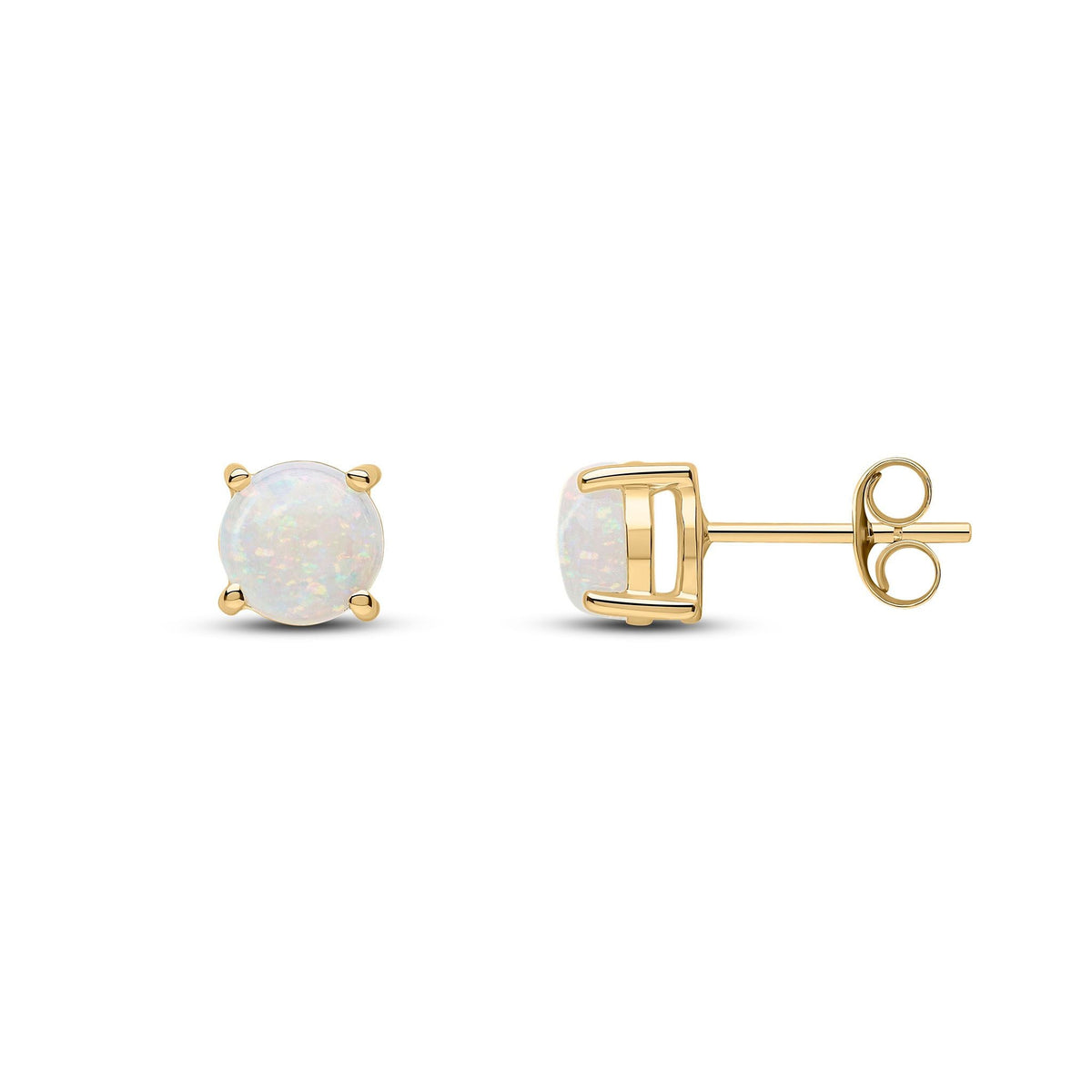 9ct Yellow Gold Round Natural Opal Claw Stud Earrings — 6mm