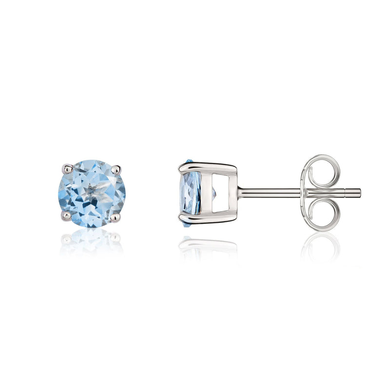 9ct White Gold Round Natural Aquamarine Claw Set Stud Earrings — 5mm