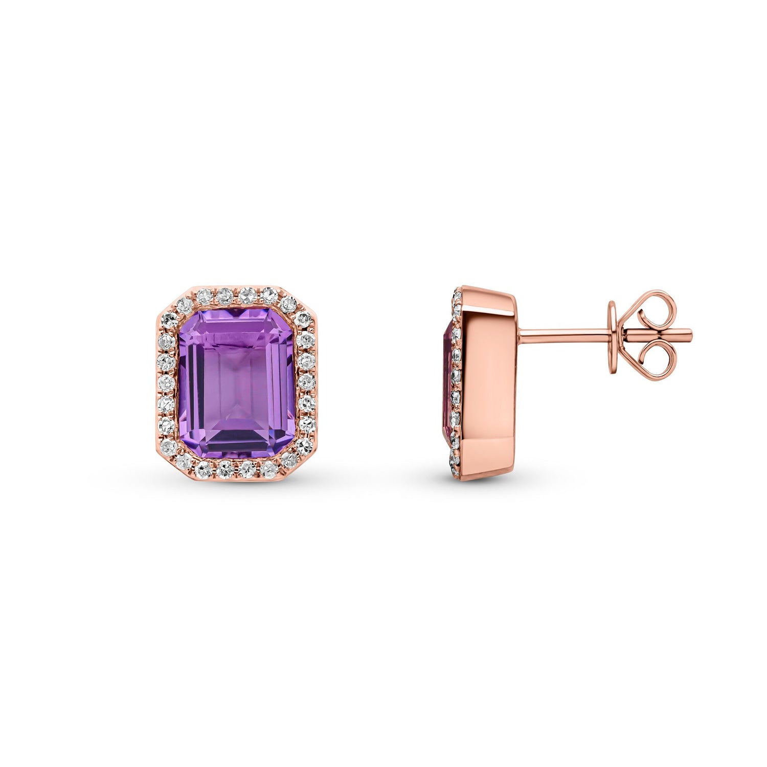 9ct Rose Gold Octagonal Natural Amethyst and Round Diamond Halo Stud Earrings