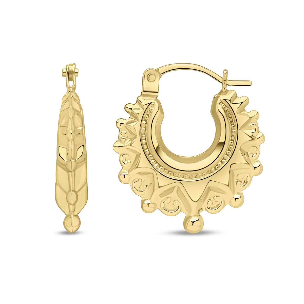 9ct Yellow Gold Scalloped Decorative Creole Hoop Earrings