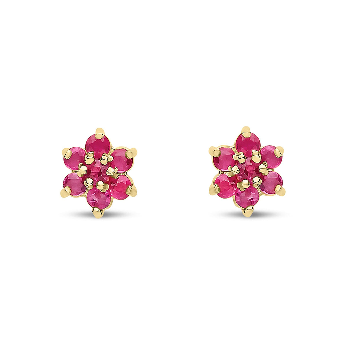 9ct Yellow Gold Natural Ruby Flower Cluster Stud Earrings