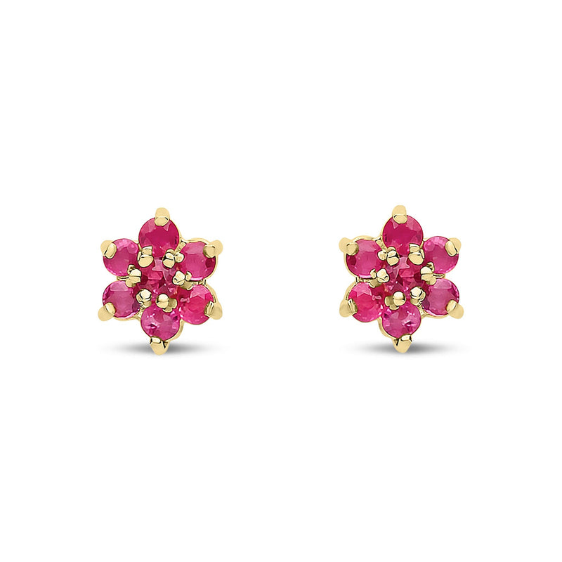 9ct Yellow Gold Natural Ruby Flower Cluster Stud Earrings