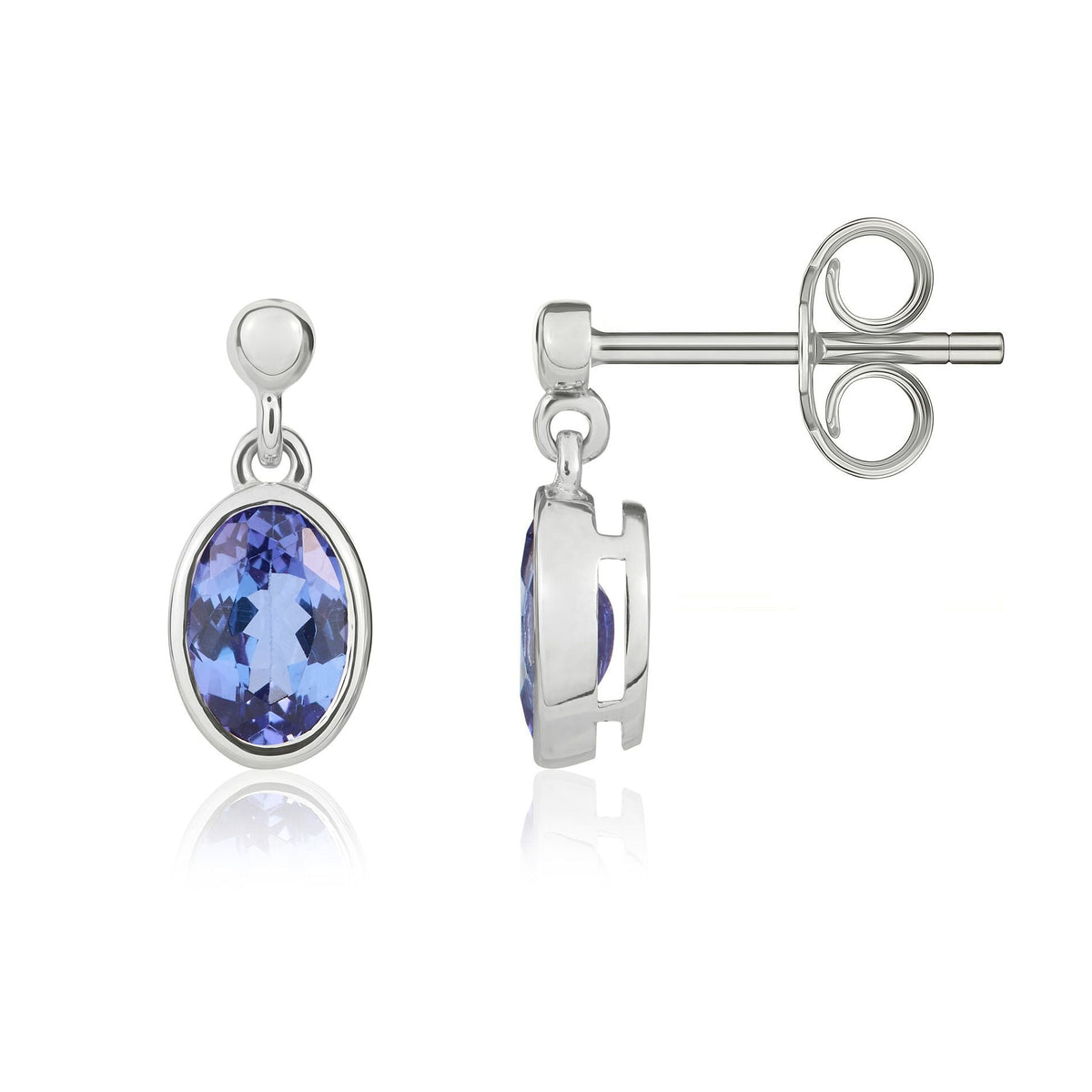 9ct White Gold Oval Natural Tanzanite Rubover Drop Earrings — 6x4mm